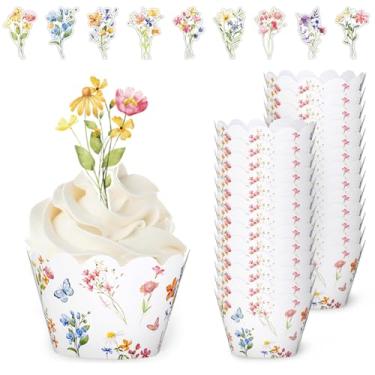 Imagem de FYSUIMU Conjunto de 36 enfeites e envoltórios de cupcake de flores silvestres coloridas em aquarela para decoração de sobremesa para festa de primavera, aniversário e casamento