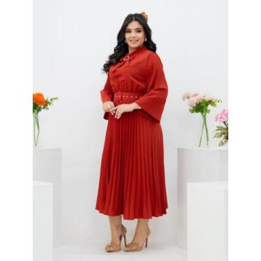 Imagem de Vestido Midi Plissado Manga Flare Gola com Amarração Evangélico Social