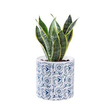 Imagem de SANDYBAYTAS Vaso de cerâmica de 12 cm para plantas de interior, vaso de padrão de flores azul e branco com orifício de drenagem, plantador moderno para decoração de casa e escritório