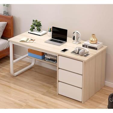 Imagem de Mesa De Computador Moderna E Simples Grande Mesa De Escrita De Estudo Com Armazenamento E Prateleiras Armário Mesa De Perna De Metal Para Escritório Em Casa, Wood, 120x50x73.5cm(47x19x28in)