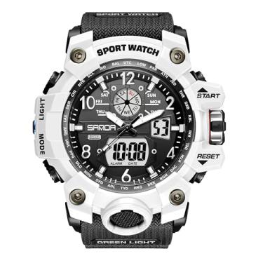 Imagem de FAMVNTN Relógios masculinos esportivos ao ar livre à prova d'água relógio de pulso militar multifunções táticas analógico digital LED alarme cronômetro branco