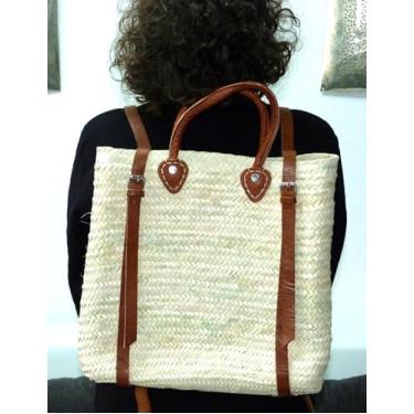 Imagem de Mochila de cesta de palha de alta qualidade, bolsa de praia moderna, alças de couro | Bolsa de cesta feita à mão no mercado francês, mochila de palha - mercado, praia, cesta de armazenamento - cesta