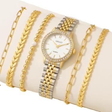 Imagem de Kit Relógio Feminino GREALY com 5 Pulseiras, Prata e Dourado, Estilo Moderno, Movimento Quartzo (Dourado)