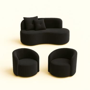 Imagem de Conjunto Decorativo 02 Poltronas + Sofá Curvo Orgânico Nature Gaia Suede Preto - Montanaris Decor