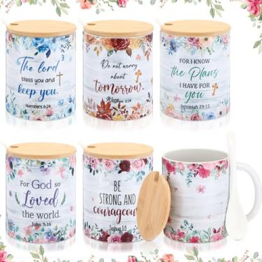 Imagem de Remerry 6 peças canecas de café cristãs para mulheres inspirações 340 g copos religiosos floral cerâmica versículo bíblico caneca com tampa e colher presente de igreja para colega de trabalho
