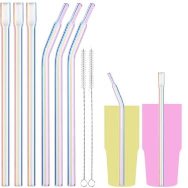 Imagem de NiHome 6 canudos de vidro iridescente de 20 cm com ponta plana antirrugas Stanley 12 e copos de 590 ml, canudos reutilizáveis de vidro borossilicato reto e curvo para bebidas frias e quentes, seguro