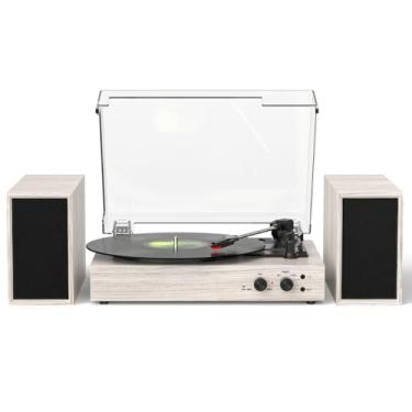 Imagem de Toca-discos de vinil com alto-falantes externos, porta USB para gravação de PC, acionamento por correia de 3 velocidades, toca-discos Bluetooth vintage com dois alto-falantes estéreo de estante
