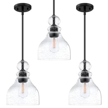 Imagem de Dolaimi House Pacote com 3 1 luminária pendente de teto haste ajustável ilha de cozinha 16,5 cm vidro semeado acabamento preto moderno iluminação industrial casa de fazenda para pia do quarto