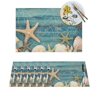 Imagem de Conjunto de 6 peças de jogo americano com estampa de estrela-do-mar, resistente ao calor, antiderrapante, tapetes laváveis para mesa de jantar de cozinha para decoração de festa de férias em ambientes