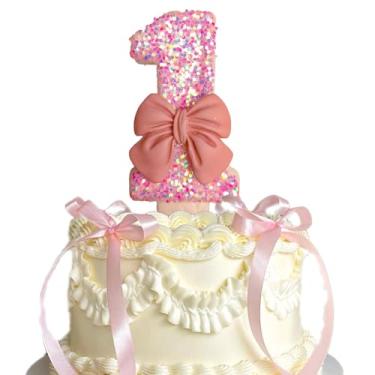 Imagem de Vela de aniversário com laço de glitter rosa, sem fumaça, ecológica, não tóxica, moderna, numérica, 8 cm x 4 cm, 1 unidade