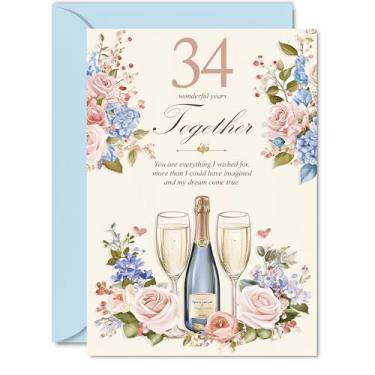 Imagem de Cartão de aniversário de 34 anos para homens e mulheres - champanhe floral - Cartão de feliz aniversário de 34 anos para companheira esposa parceira marido, cartões comemorativos de casamento A5
