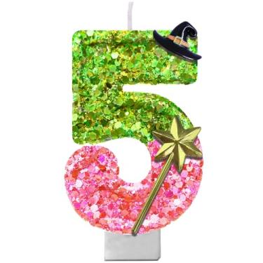 Imagem de Vela com número de aniversário com tema malvado – Vela de glitter rosa e verde com suporte para bolo | Decoração de festa mágica para meninas, adolescentes, fãs de teatro, amantes da Broadway
