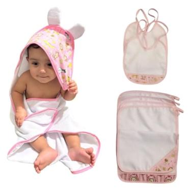 Imagem de Kit Bebê 7 pçs 1 Toalha banho 2 Babadores e 4 Toalhas de boca Poliéster Felpudo Atoalhado (Rosa, Bebê)