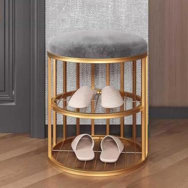 Imagem de Banquinho Para Sapatos | Mini Banco De Entrada | Banco Hall Com Armazenamento De Sapatos Para Espaço Pequeno | Banco Baixo Com Almofada | Moldura De Metal Dourado, Grey, Small