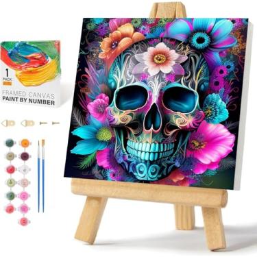Imagem de igoodom Kit de pintura por números para adultos com moldura e cavalete, pintura acrílica DIY de 25 x 25 cm em tela com caixa, conjunto de tinta de caveira de açúcar por número para decoração de parede