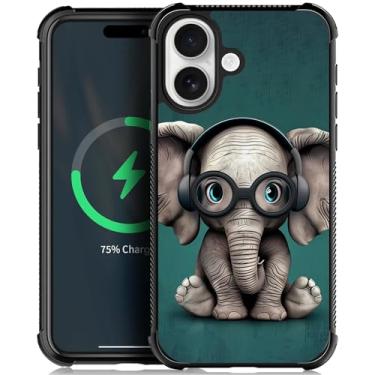 Imagem de Goodsprout Capa compatível com iPhone Nmasd, para MagSafe Design de Padrão Incrível À Prova de Choque Antiarranhões Capa Traseira Rígida PC para iPhone Nmasd com Fones de Ouvido Bonito Elefante