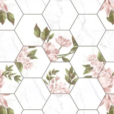 Imagem de Papel de parede hexagonal floral – Mosaico botânico elegante rosa e verde em mármore branco – Papel de parede removível autoadesivo