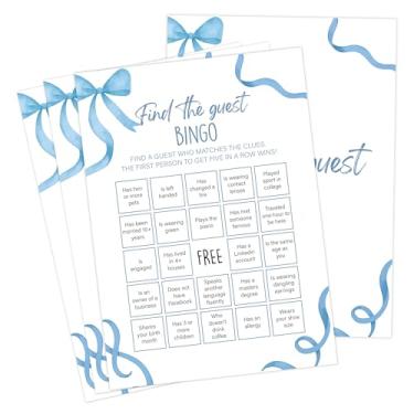 Imagem de Blue Bow Baby Shower Games, Blue Find The Guest Bingo Game para 30 convidados com cartas de jogo, revelação de gênero, suprimentos e decorações para chá de bebê (DV10)