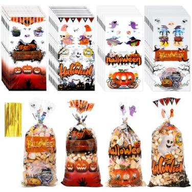 Imagem de Sacos de petisco de Halloween, 100 peças, sacos de celofane de celofane de plástico transparente com laços torcidos, saco de presente de biscoito de Halloween para doces ou travessuras para