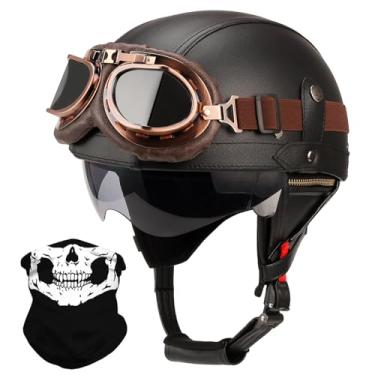 Imagem de Meio capacete de couro estilo alemão para adultos, homens e mulheres, boné vintage aprovado pelo DOT Half Face Capacetes de motocicleta para Cruiser Chopper + óculos (preto, médio)