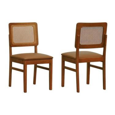 Imagem de Kit 2 Cadeiras Madeira Maciça Lyon Encosto Telinha Amêndoa - Amêndoa - Assento Estofado Corano Caramelo