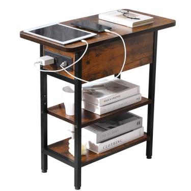 Imagem de Mesa de canto moderna com estação de carregamento, mesa lateral estreita com portas USB e tomadas, mesa de cabeceira dobrável com prateleira de armazenamento, mesa de cabeceira pequena para sala de