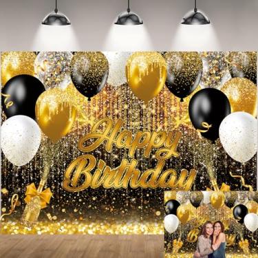 Imagem de Pano de fundo de feliz aniversário dourado preto com glitter pontos Boken fundo fotográfico para mulheres, homens, crianças, decorações de festa de aniversário, faixa para fotos (ouro preto, 210 x 150