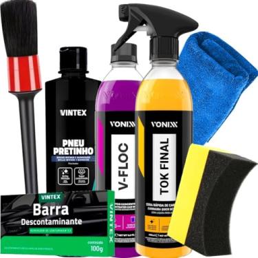 Imagem de Kit Lavagem Moto Carro Vonixx Estética Automotiva Completo Cera Tok Final Shampoo V-Floc Pretinho V-bar e Acessório Karbox