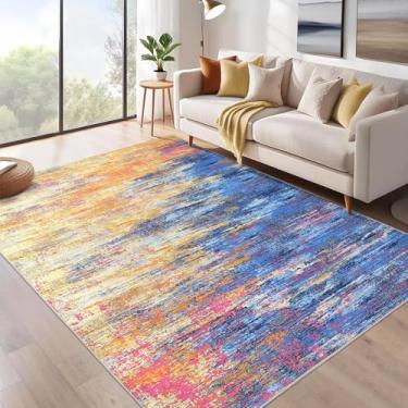 Imagem de GAOMON Tapetes grandes laváveis para sala de estar, 25 x 30 cm, antiderrapante, moderno, abstrato, tapete macio, contemporâneo, resistente a manchas, tapetes internos dobráveis para quarto, laranja