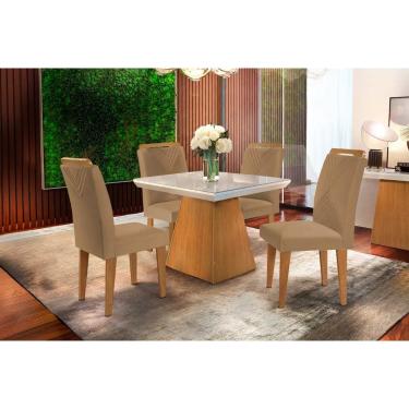 Imagem de Conjunto: Mesa Sala Jantar Luna c/ Tampo Madeirado c/ Vidro Canto Curvo 90x90cm e 4 cadeiras Amsterdã Imbuia/Off White - Suede Capuccino - Rufato