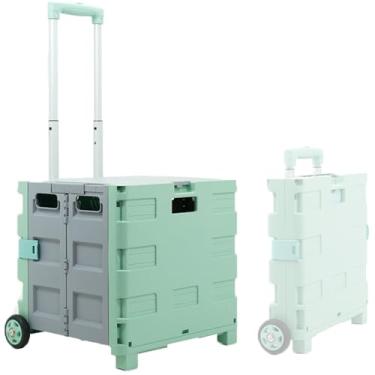 Imagem de Carrinho de compras dobrável com rodas, carrinho de plástico com 2 rodas e tampa, carrinho portátil com alça telescópica para armazenamento de compras e viagens