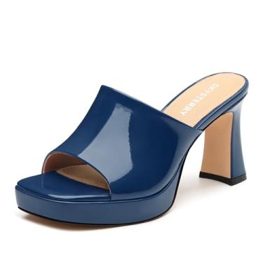 Imagem de SKYSTERRY Sandálias femininas de salto plataforma alto grosso salto bloco quadrado aberto salto sem cadarço confortável festa de casamento formatura verão chinelos de salto 8,2 cm, Azul marinho, 36