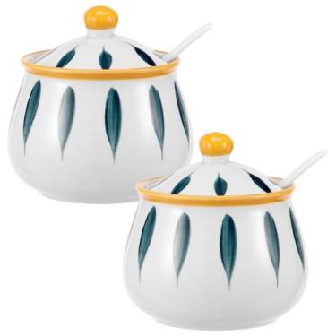 Imagem de 2 potes de cerâmica de 350 ml, açucareiro de cerâmica de 0,33 x 10 x 10 cm com tampa e colher, recipiente de açúcar de cerâmica versátil para açúcar, sal, pimenta