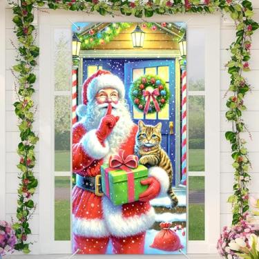 Imagem de BlissYard Banner para porta de Natal com Papai Noel e gato, 89 x 189 cm, decoração de férias de inverno com Papai Noel segurando presente e lindo gato aconchegante com luzes de neve e guirlanda