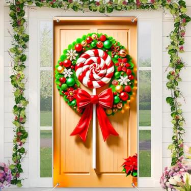 Imagem de BlissYard Banner de porta de Feliz Natal de bengala doce, 89 x 189 cm, decoração de porta da frente com ornamentos verdes vermelhos flocos de neve e pirulito de hortelã-pimenta para exibição de parede
