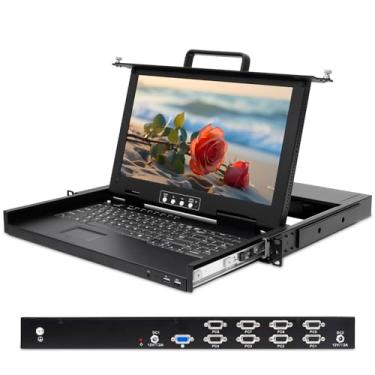 Imagem de Kinan Console Kvm de Montagem Em Rack 1U com Monitor de Montagem Em Rack 1080P de 15,6 ", Switch Kvm Vga de 8 Portas, Gaveta Kvm de Curta Profundidade de 14,17" + Teclado + Touchpad + 8 Cabos Vga, Fon