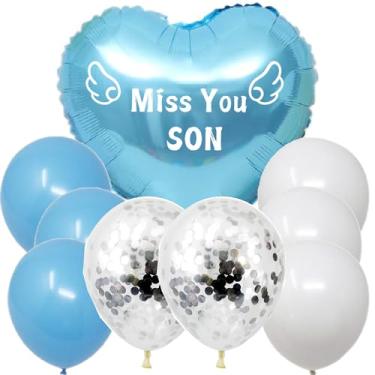 Imagem de Conjunto de balões de coração memorial com mensagem "Miss You Son", azul e branco, látex e papel alumínio, para visitas a cemitérios, cerimônias de lembrança, decorações de túmulos