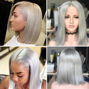 Imagem de Peruca de cabelo humano cinza HD 33 x 10 cm, cabelo humano liso e sedoso Bob Wigh, peruca frontal de renda transparente para mulheres pré-arrancadas com cabelo de bebê