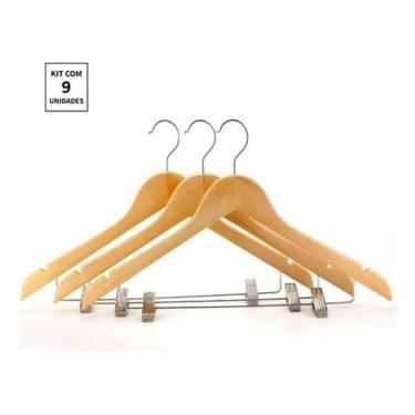 Imagem de Kit 9X Cabides De Madeira Com Presilha Verniz Marfim Roupa