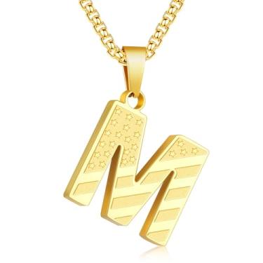 Imagem de Zocomi Colar com pingente de inicial da bandeira americana para homens e meninos, corrente de aço inoxidável 316L A-Z caixa de letras 50 + 5 cm joias presentes, Aço inoxidável, Sem Pedra Preciosa