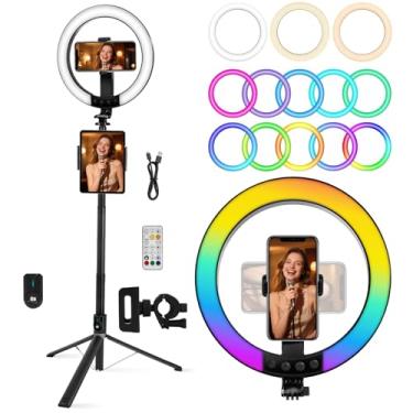 Imagem de Kalofaye Anel de luz de 33 cm com suporte de 178 cm de altura e suporte de telefone, luz de selfie RGB com suporte de tripé extensível, suporte para iPad, controle remoto para iPhone e Android