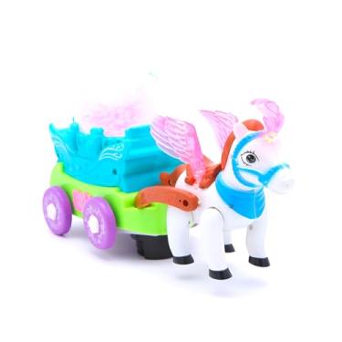 Imagem de Carruagem Encantada com Cavalo, Luzes e Sons, Branco e Azul, 15,5x26,5cm, Brinquedo Musical