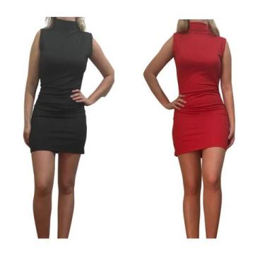 Imagem de KIT C/2 Vestidos Gola Alta Canelado - Emporio J, Preto, Vermelho, Unic