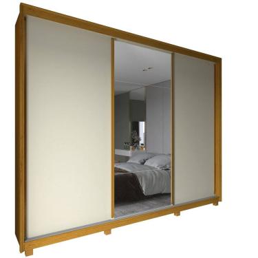 Imagem de Guarda Roupa Roupeiro de Casal Gelius Platinum 100% MDF com 3 portas de correr espelho e pés Naturalle OFF White