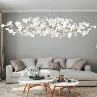 Imagem de GREMLBUK Lustre retangular moderno de 59 polegadas lustres de folha de ginkgo de cerâmica lustres grandes de latão lustre branco para sala de jantar sala de estar, 10 luzes