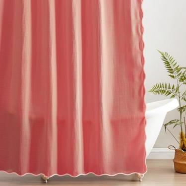 Imagem de MONDAY MOOSE Cortina de chuveiro de trama waffle recortada com orifícios de metal à prova de ferrugem para banheiro, lavável na máquina, ganchos incluídos (183 x 183 cm, coral claro/coral)