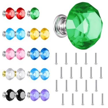 Imagem de Spriak Pacote com 20 puxadores de gaveta multicoloridos incluídos 10 cores, 30 mm colorido cristal armário armário puxador forma diamante armário guarda-roupa puxador com parafuso para cozinha