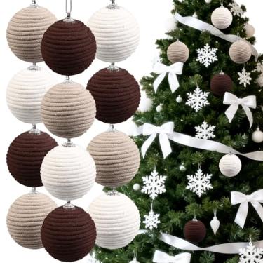 Imagem de 12 peças de enfeites de bola de Natal de 5 cm, corda de juta boho, decoração de bolas de Natal, enfeites para árvore de Natal, férias, grinalda, casamento, decoração de casa (bege, marrom escuro