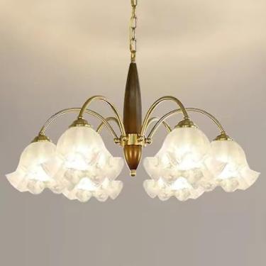 Imagem de Lustre de quarto de meninas para quarto Lustre de flores de meados do século moderno em vidro leitoso Luminária pendente de teto de madeira estilo fazenda Luminária suspensa para sala de est