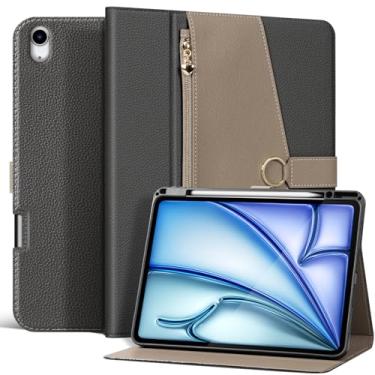 Imagem de XFYKJIN Capa de couro de microfibra premium para iPad Air de 13 polegadas (6ª geração 2024/2025 M2/M3) | Cinza escuro e cinza em dois tons com bolso com zíper, fecho de fivela, suporte para lápis